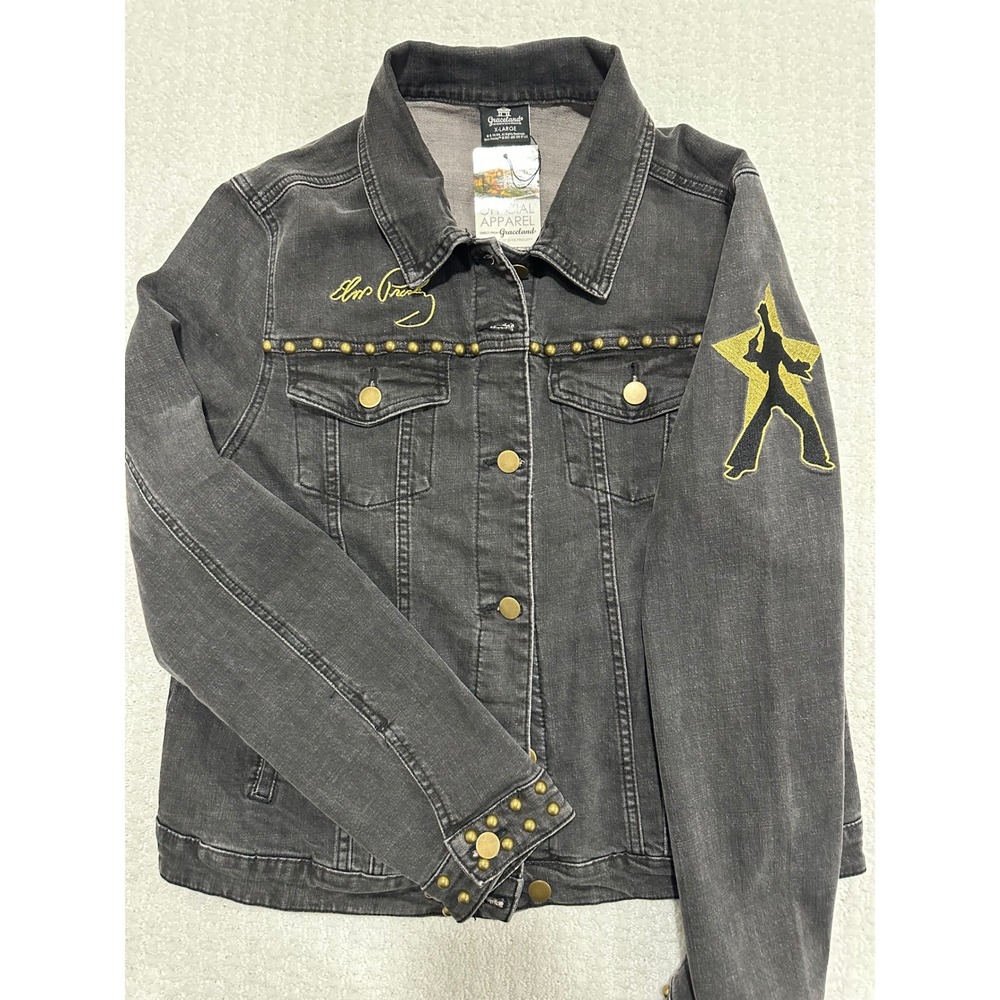 Elvis Presley Graceland TCB Black Denim Trucker Jacket Studded XL NWT